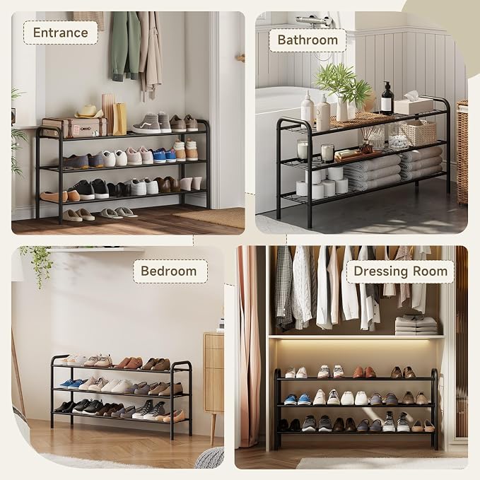 Shoe Rack,Long Shoe Organizer for Closet,Wide Shoe Storage for Entryway, 3 Tier Sturdy Metal Free Standing Shoe Shelf