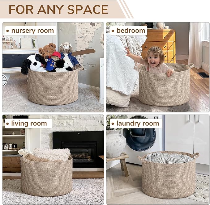 INDRESSME Large Blanket Basket Woven Cotton Rope Basket 65L with Handles, Toy Storage Basket for Living Room Bedroom Nursery, Laundry Hamper for Clothes Towels, Wicker Blanket Home Décor Brown