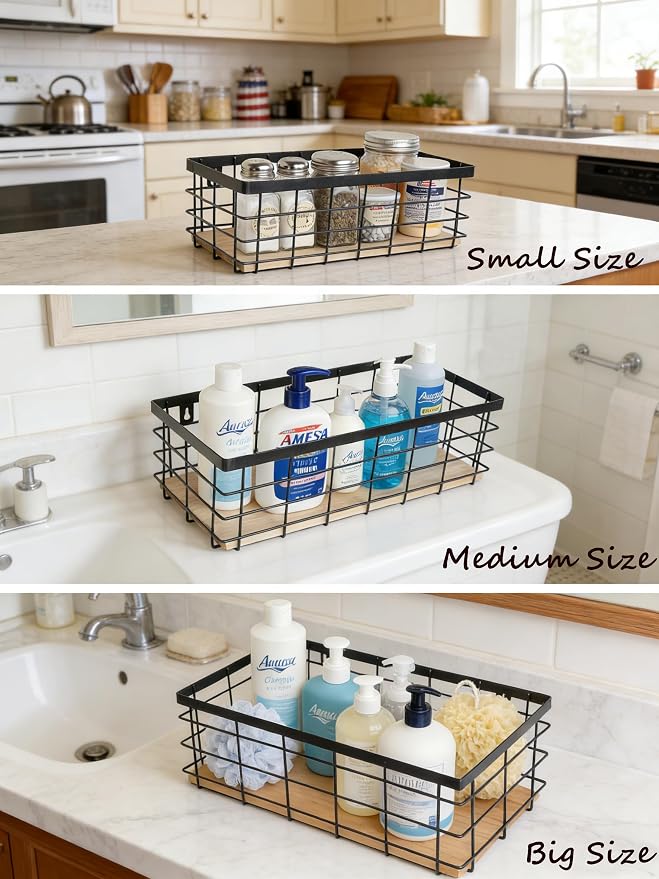 ShabbyDecor Metal Wire Basket for Kitchen Cabinets,Pantry,Bathroom,Set of 3 | Metal Storage Organizer with detachable Wood Base, Farmhouse Hanging Basket