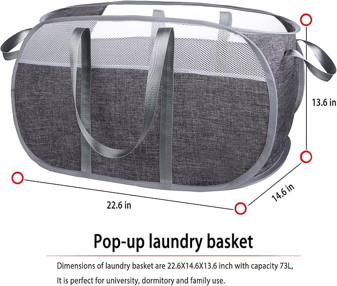 Pop-Up Laundry Basket，collapsible Mesh Laundry Hamper– With Extended Shoulder Straps, Sturdy Handles, and Premium Cationic Fabric (gray)…