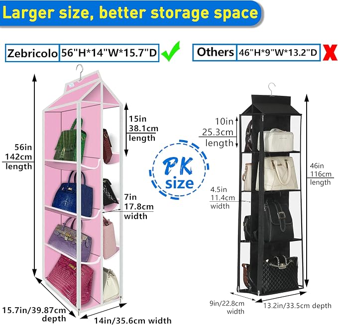 Purse Organizer for Closet, with Zippered-Dustproof, Purse Organizer, Designed for Oversized Wallets & Holds 8-16 Purses, Hanging Purse Organizer for Closet, Pink-Purse Storage