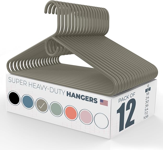 Super Heavy Duty Clothes Hangers 12 Pack – Made in the USA - 10lb Capacity, Thick Plastic Hangers for Pants, Coats, Jackets, Jeans and Adult Clothing – Gray