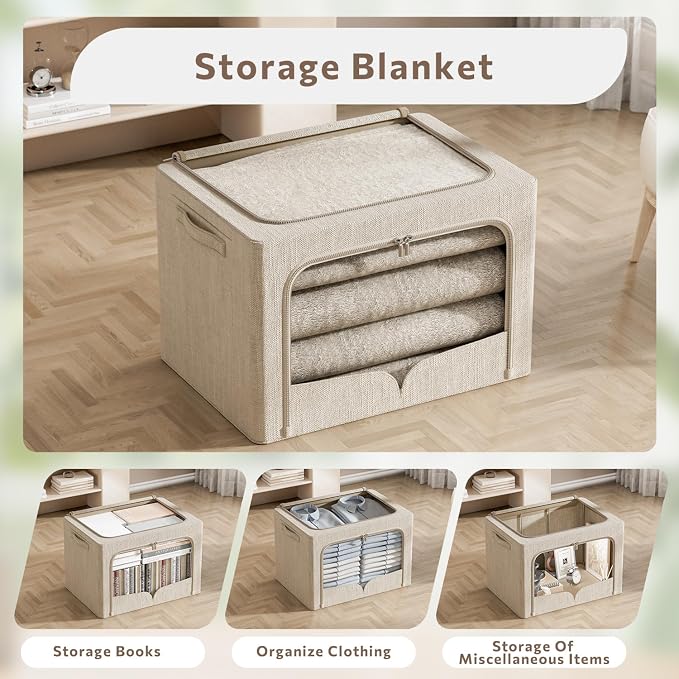 FHSQX 3 Pack Clothes Storage Bins with Metal Frame | Beige, 15.7x11.8x7.8inch (22L) ,Foldable, Metal Frame, Stackable, Linen Fabric, Carrying Handles & Clear Window