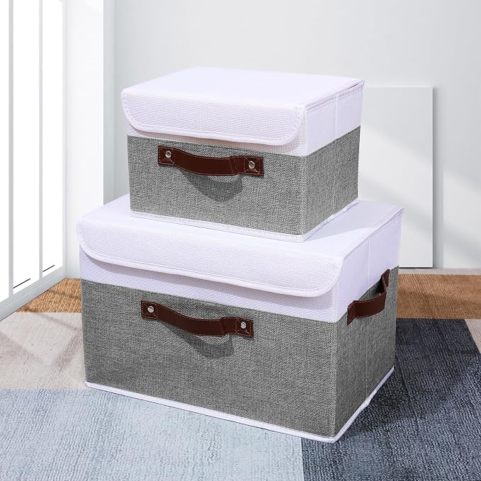 ANMINY 2PCS Storage Boxes with Lids Washable Decorative Storage Bins Basket with PU Leather Handle Foldable Linen Fabric Storage Cubes Containers for Home Closet Organizer - Gray White, Medium