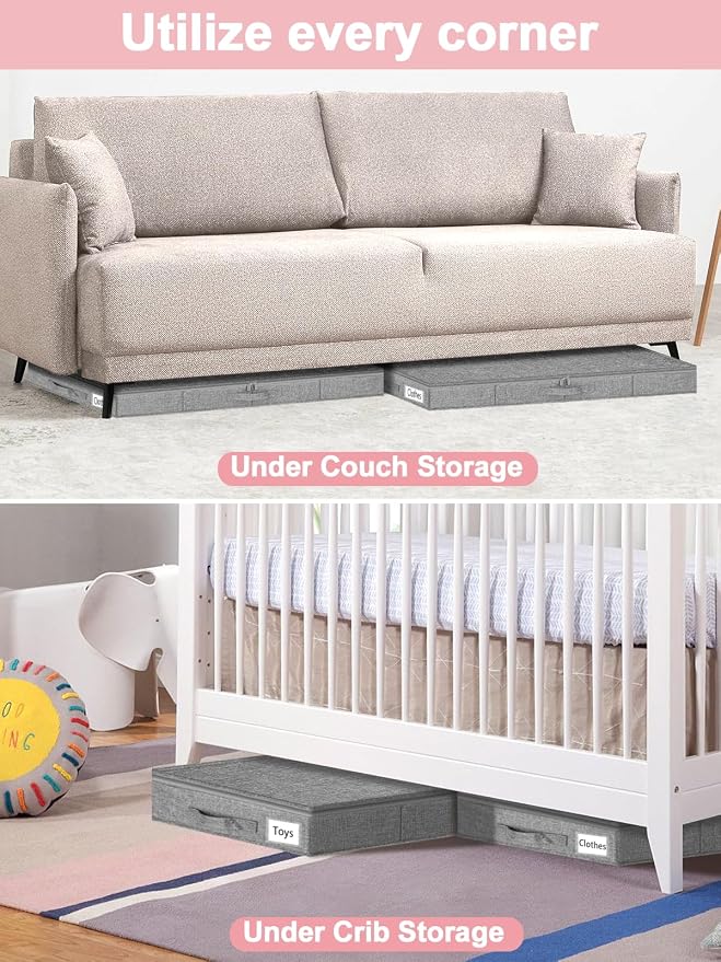 4-Inch Tall Under Bed Storage Container, Low Profile Underbed Storage Bin w/Rigid Sidewalls & Bottom, Shallow Storage Organizer with Lid for Couch, Sofa & Crib, 2-Pack, 33.5 x 16 x 4 Inch, Gray