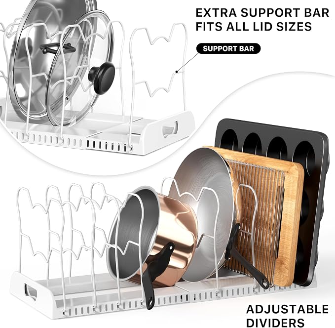 Simple Houseware Expandable Pan Rack 10 Adjustable Compartments, White | Kitchen Cabinet Organizer for Pots, Pans, Lids & Bakeware - Pantry & Countertop Storage