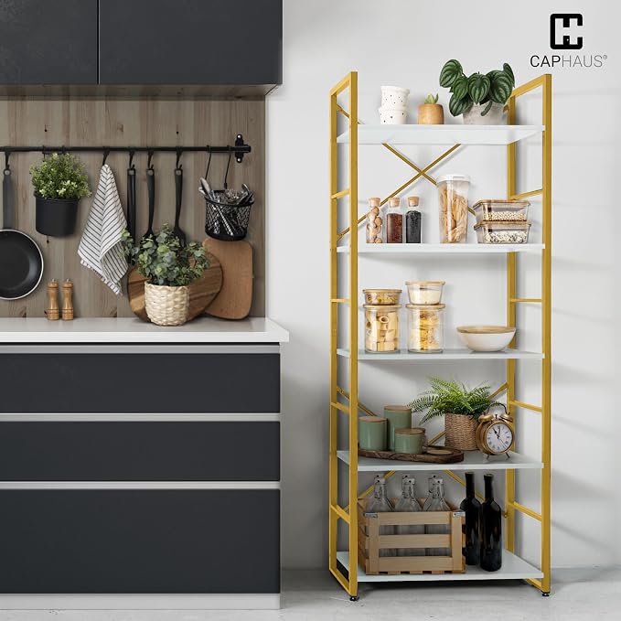 CAPHAUS 5 Tier Bookshelf, 24 Inch Width Free Standing Shelf, Bookcase Shelf Storage Organizer, Industrial Book Shelves for Home Office, Living Room, Kitchen, White Wooden Shelves & Gold Frame