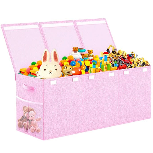 Beadsky Extra Large Toy Box Toddlers Chest with Lids, Collapsible Sturdy Toy Storage Organizer, Kids Bin Boxes Storage Basket for Boys, Girls, Nursery, Living Room, Playroom, 40"x14"x16" (Pink)
