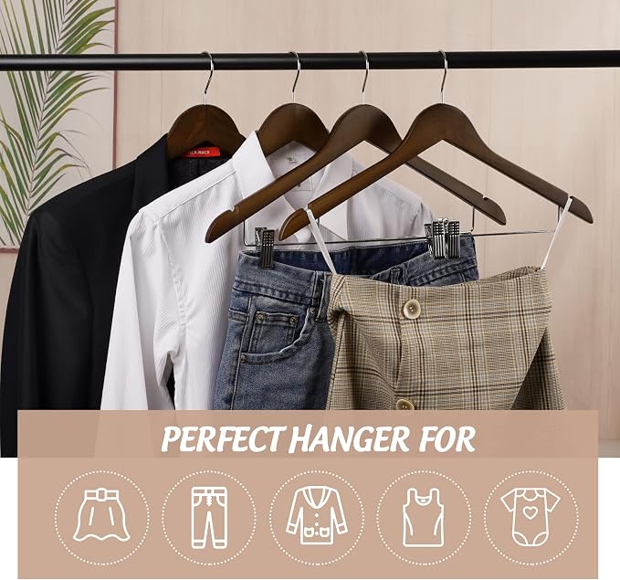 Wooden Clothes Hangers with Clips, 16Pack Wood Skirt Hangers with Clips, High-Grade Selected Walnut Wood Hangers with Sturdy Metal Clips for Pants, Suit, Heavy Winter Coat, Jacket, Formal Dress