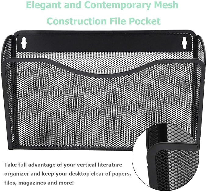 EASEPRES 6 Single Pocket Mesh Hanging File Organizer, Vertical Wall Mounted Magazine File Holder, Mount Basket Mail Paper Document Folder Organizing for Office, Home and School, Black