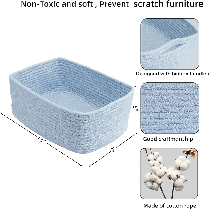 XUANGUO Small Woven Storage Baskets 13“X9”X5“ Decorative Rope Bins for Organizing Shelves, Closets, and Toys, Empty Gift Baskets, Cute Organizer Basket for Home and Office (blue, Large)