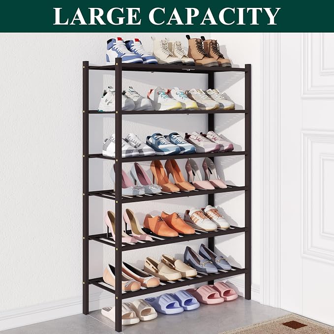 Smiry Bamboo Shoe Rack for Closet, 6 Tier Wooden Shoe Organizer, Stackable Wood Shoe Storage Shelf for Entryway, 14 Vertical Slats, 3+3 Stack Heavy-Duty Legs, 26.77"x11.02"x36.61", Brown