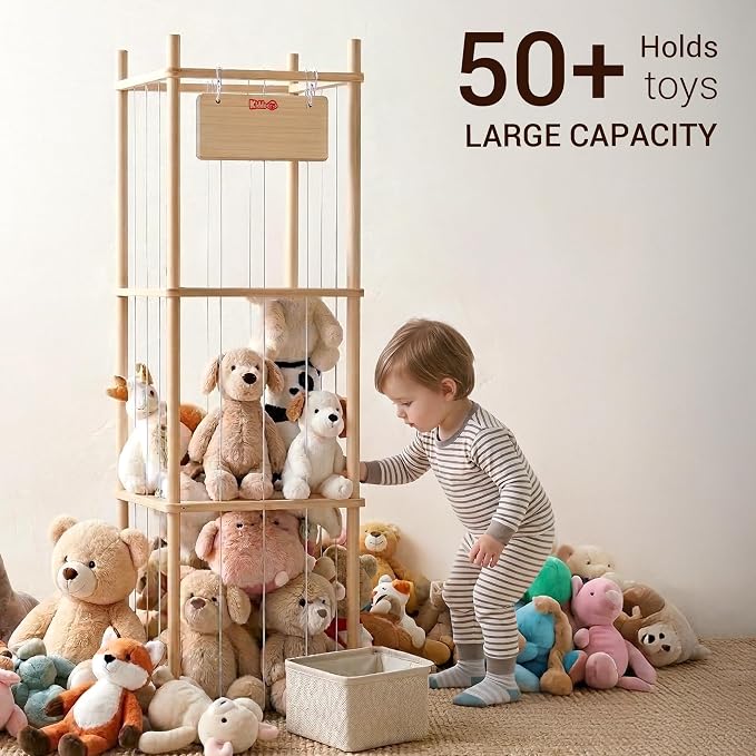 KiddoCood Kids CPC & TIC Certified Stuffed Animal Storage - 3-Tier Large Natural Solid Wood Plush Toy Organizer & Holder, Corner Solution for Playroom & Nursery, BPA-Free & Zero Glue, 52.3" H
