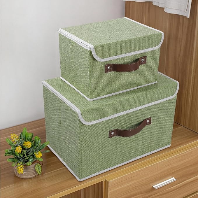 ANMINY 4PCS Storage Bin with Lid Storage Boxes with PU Leather Handles PP Plastic Board Decorative Foldable Lidded Cotton Linen Fabric Home Cubes Baskets Closet Organizer Container - Green, Medium