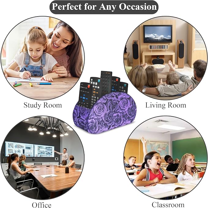 Remote Control Holder, PU Leather Remote Caddy Desktop Organizer with 5 Spacious Compartments for TV Remotes/Media Controllers/Office Supplies (1-3D Rose Purple