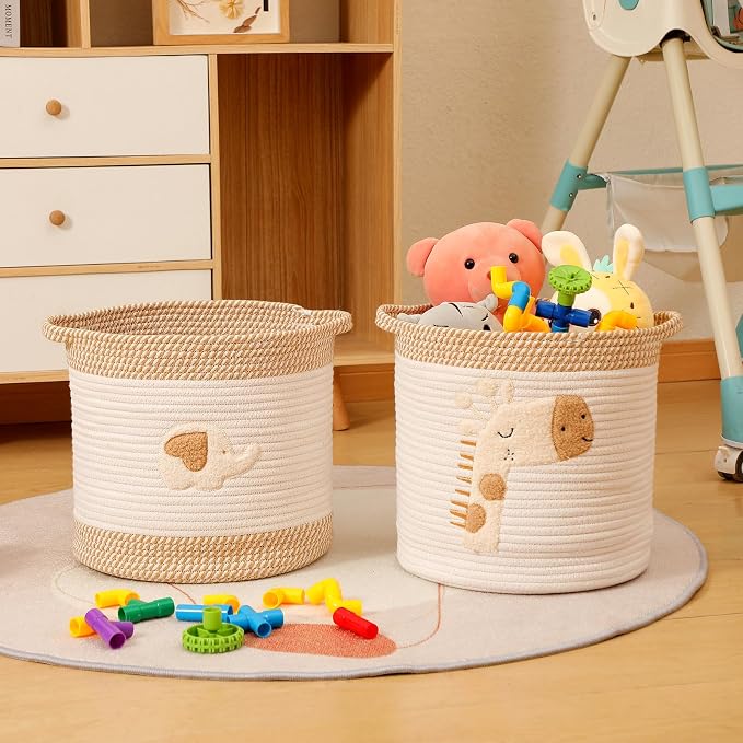 Toy Storage Baskets Woven Cotton Rope Storage Basket for Kids, Blanket Baskets for Living Room Toys Organizer with Embroidery Decor, Cute Baskets with Handle for Nursery, Playroom (Giraffe)
