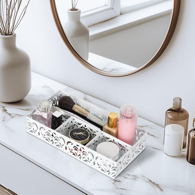 EasyPAG Desk Drawer Organizer with 4 Compartments, Carved Hollow Floral Metal Tray for Office, Jewelry, Cosmetics - No Assembly, White