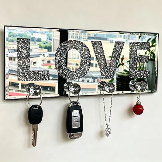 Crushed Diamond LOVE Key Holder, Silver Mirror Wall Decor,11.8" ,4 Hooks | crushed diamond silver mirror with safe beveled edges,4 2-lb capacity acrylic hooks ,shatterproof, for keys/scarves/bags etc.