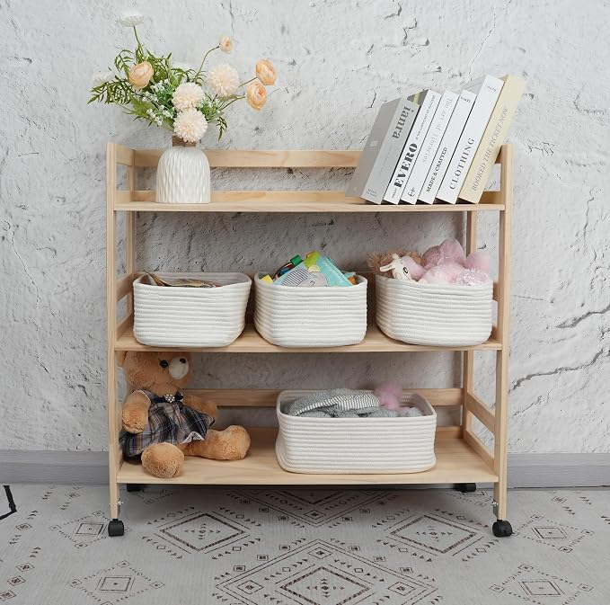 XUANGUO Small Woven Storage Baskets 13“X9”X5“ Decorative Rope Bins for Organizing Shelves, Closets, and Toys, Empty Gift Baskets, Cute Organizer Basket for Home and Office White Large