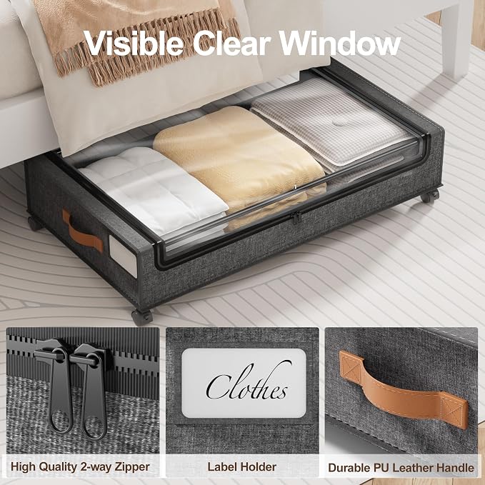 LAMU Under Bed Storage with Wheels, 2 Pack Under Bed Storage Containers with Clear Lid, XXL 60 L Underbed Storage Bins, Rolling Under Bed Metal Drawers for Clothes, Blankets, Shoes, Hemp Grey