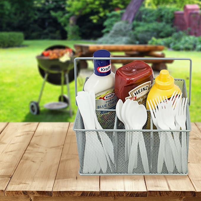 Sorbus® Utensil Caddy — Silverware, Napkin Holder, and Condiment Organizer — Multi-Purpose Steel Mesh Caddy—Ideal for Kitchen, Dining, Entertaining, Tailgating, Picnics, and much more (Silver)