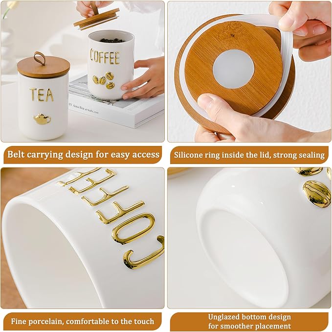 Simcat 27oz Ceramic Canister Set with Airtight Seal Bamboo Lid and Silicone Seal Damp-Proof Kitchen Jar Tea Coffee Sugar Canister Set Food Storage Containers (Portable sealed jar-(coffee))