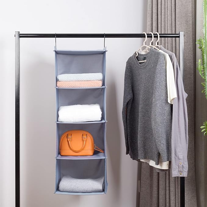 Hanging Closet Organizer 4-Shelf, Oxford Fabric Wardrobe Storage, Gray | Easy-mount foldable design holds clothes, handbags, shoes & accessories; washable Oxford fabric, sturdy and space-saving.