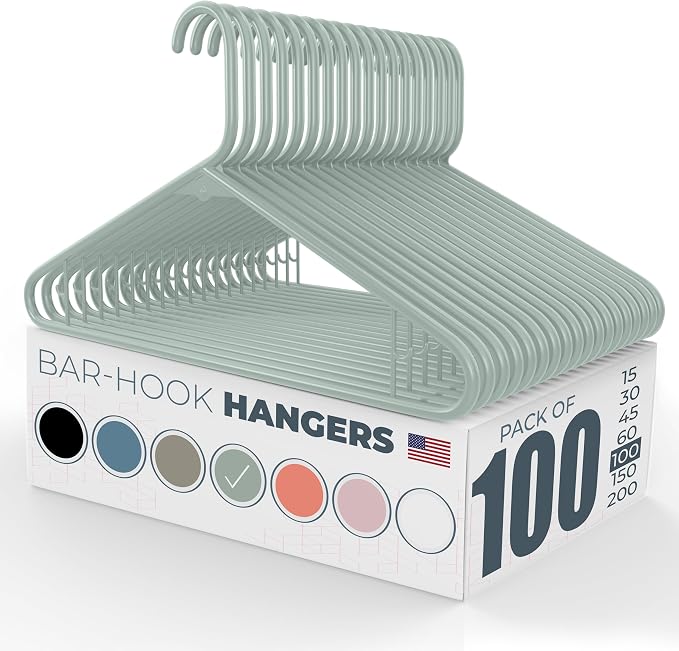 Plastic Hangers 100 Pack – Made in the USA – 6lb Capacity Standard Clothes Hangers with Strap Hooks for Dresses, Lingerie, Shirts, Pants, and Jackets – Mint