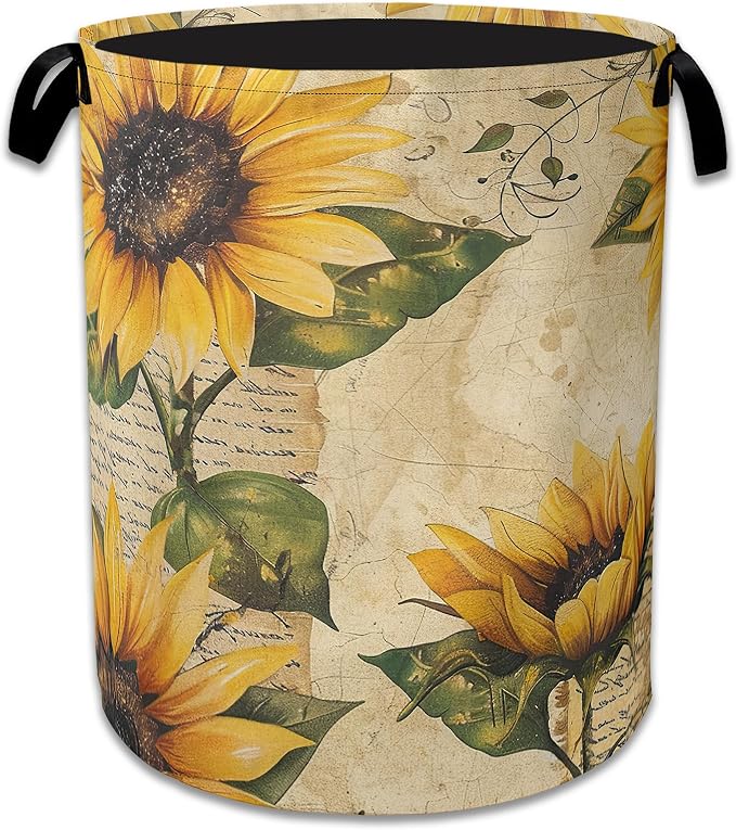 Vintage Sunflowers Laundry Basket Collapsible Laundry Hamper, Oxford Cloth Storage Bin for Room/Bathroom/Bedroom/Dormitories 16" X 20.8"