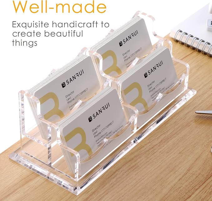 SANRUI Clear Horizontal Business Card Holder Stand for Desk, Acrylic Desktop Display Name Cards Holders Organizer Storage Rack,for Exhibition, Home, Office,2 Tier 4 Pocket, 240 Card Capacity