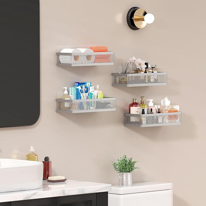 PUSDON Mesh Shower Caddy Wall Mount, Heavy Duty Adhesive Bathroom Shelf Organizer, Rustproof Floating Spice Rack for Kitchen Pantry, Holds 50 LBS, Multi-Purpose Storage Silver Gray -2 Packs (Netting)