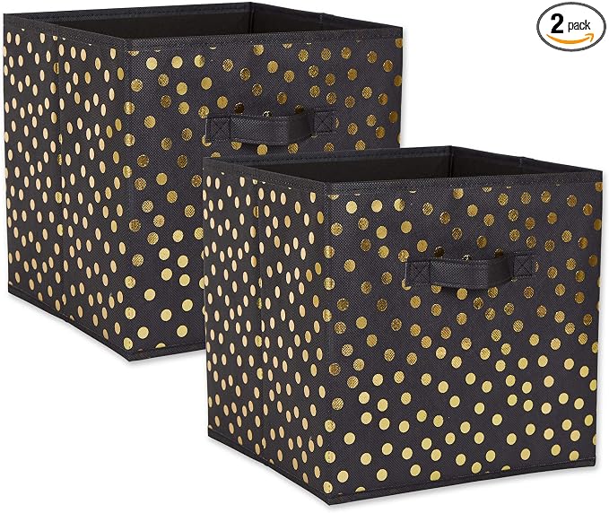 DII Non Woven Polyester Storage Bin, Polka Dot, Black & Gold, Small Set of 2
