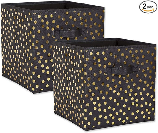 DII Non Woven Polyester Storage Bin, Polka Dot, Black & Gold, Small Set of 2