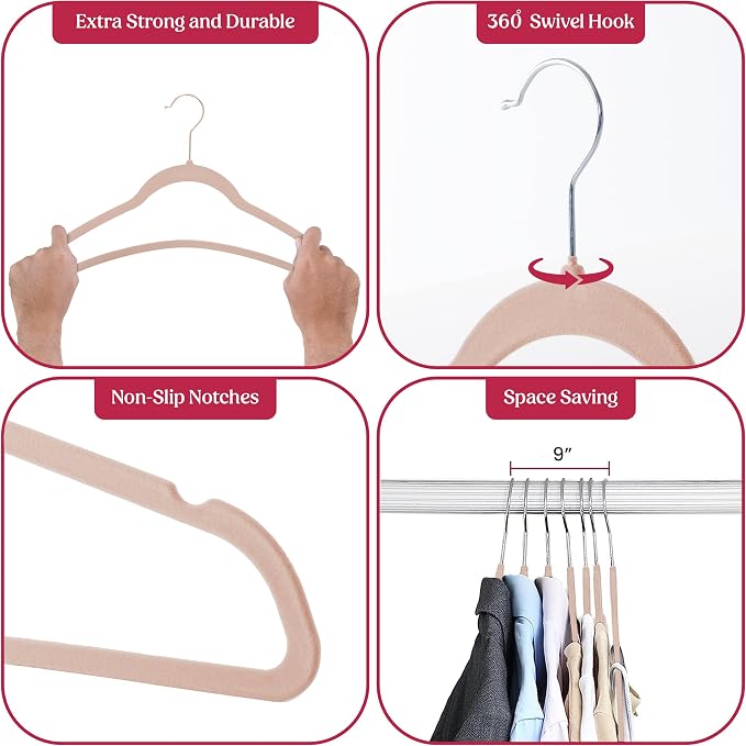 LDC Pink Velvet Hangers 100 Pack - Premium Non-Slip Clothes Coat Pants Felt Hanger for Closet - Heavy Duty Space Saving 360° Swivel Hook Hangars – Pink