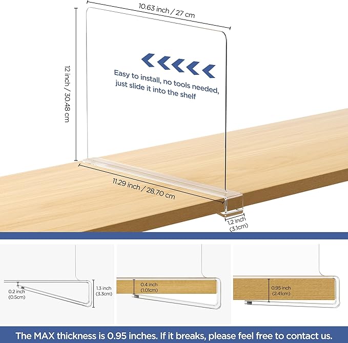 12 Pack 12 Inches [Extra Tall Version] Clear Shelf Dividers for Organization, Acrylic Closet Shelf Vertical Shelves Organizer for Bedroom, Kitchen and Office