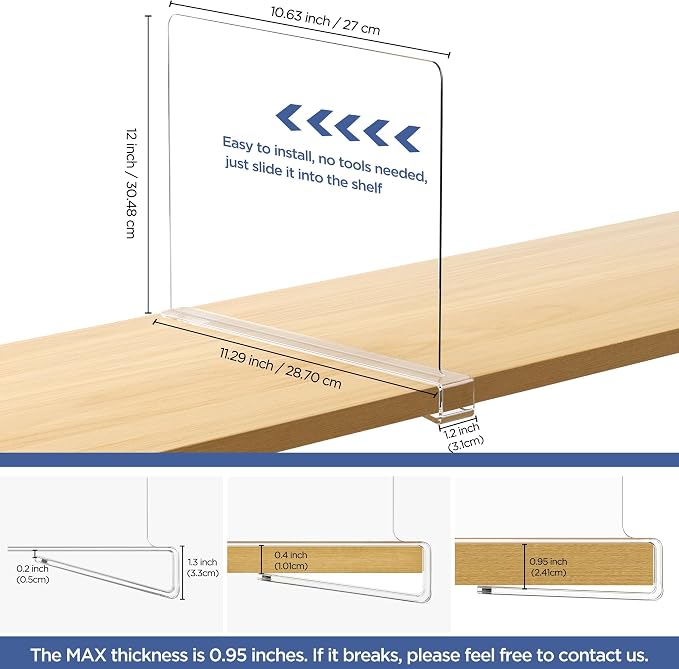 6 Pack 12 Inches [Extra Tall Version] Clear Shelf Dividers for Organization, Acrylic Closet Shelf Vertical Shelves Organizer for Bedroom, Office and Kitchen