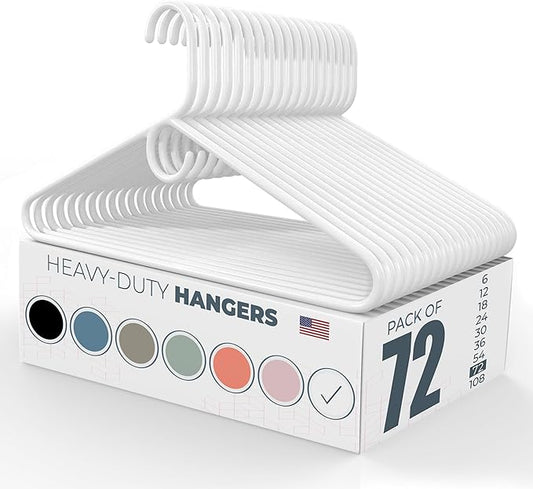 Heavy Duty Clothes Hangers 50+ Pack (72 Count) – Made in the USA – 8lb Capacity Plastic Hangers for Adult Clothing – Durable for Pants, Coats, Jackets, or Jeans – White