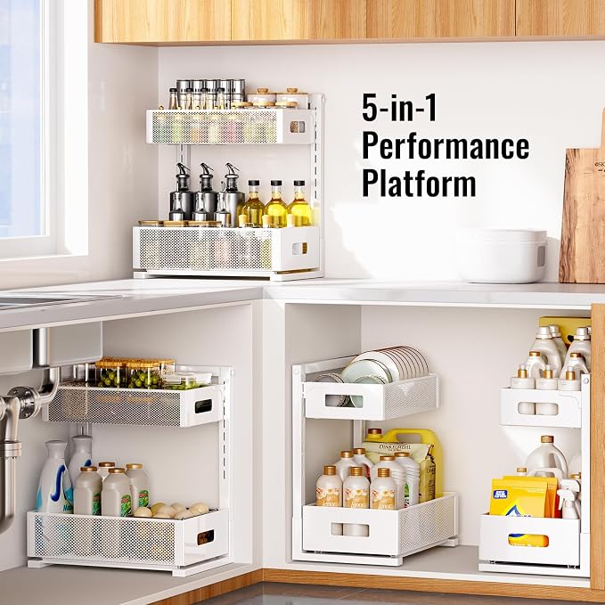 TISTAYA Under Sink Organizer, Bathroom Organizers and Storage, Cabinet Organizer for Kitchen, Bathroom, Pantry, Laundry, Study, White, 1XL, 2PCS