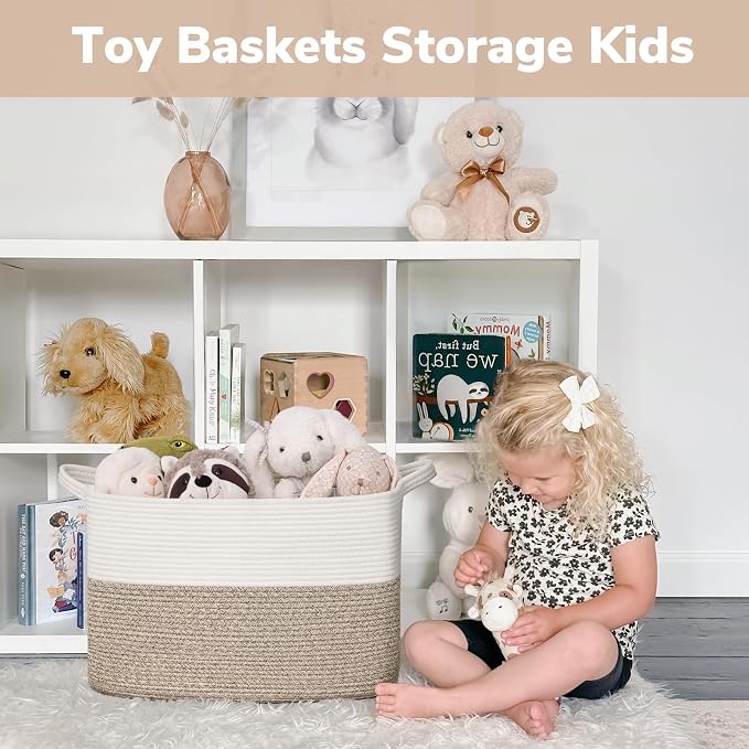 Goodpick Woven Baskets for Organizing, 18" x 14" x 12" Blanket Storage for Living Room Home Decor, Rectangle Toy Storage Basket for Kids, Large Gift Baskets Empty, White & Brown