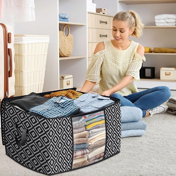 StorageTastic Direct 100L, 2 Pack, Storage Containers, Large Clothes Storage Bins Foldable Organization and Storage Bags with Reinforced Handle, Clear Window for Bedding, Blankets, Clothing, Black