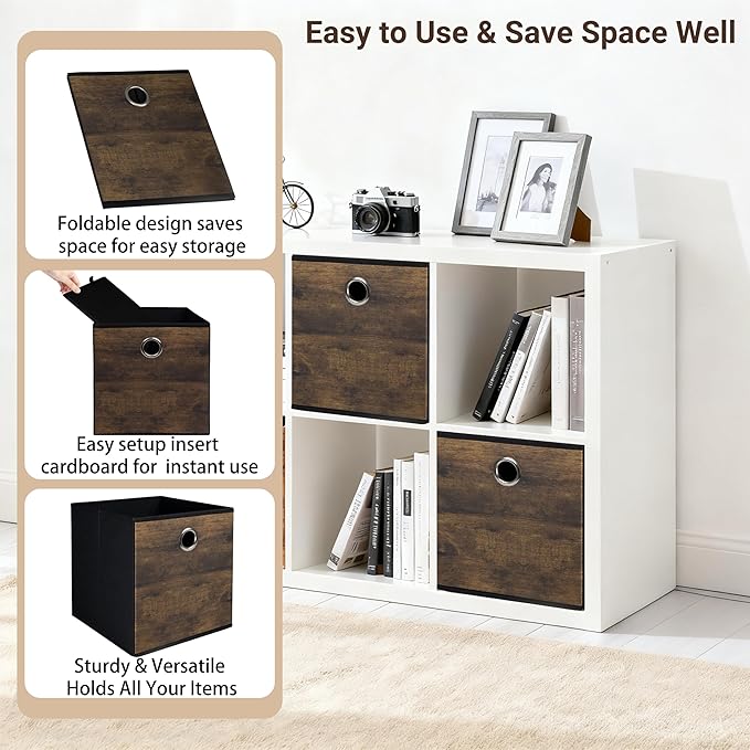 6 Pack Durable Storage Cube Bin with Decorative Wood Grain,Thickened Fabric Box,Storage Basket for Shelf,Closet,Storeroom,Bedroom,Living Room,Nursery,Office,Dorm,RV,10.2x10.2x11in,Brown & Black(Small)