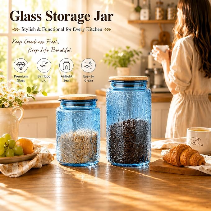 Custde Blue Vintage Glass Candy Jar with Airtight Bamboo Lid, 23.7oz Kitchen Storage Canister for Sugar, Coffee, Tea, Cookies, Bath Salt - Decorative Mason Jar for Pantry & Counter(Blue, 23.7 fl oz)