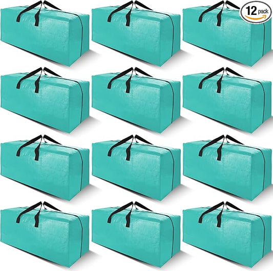 Cosy Family 12 Pack Heavy Duty Extra Large Moving Bags with Backpack Straps - Strong Handles & Zippers, Storage Totes For Space Saving, Fold Flat, Alternative to Moving Box, Aquamarine