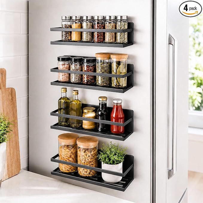 SMRCAD Metal Magnetic Spice Rack for Refrigerator, 4 pack Magnetic Shelf for Fridge Space Saving Seasoning Organizer for Any Metal Surface No Drilling Needed (BLACK -cut out, 4pack)