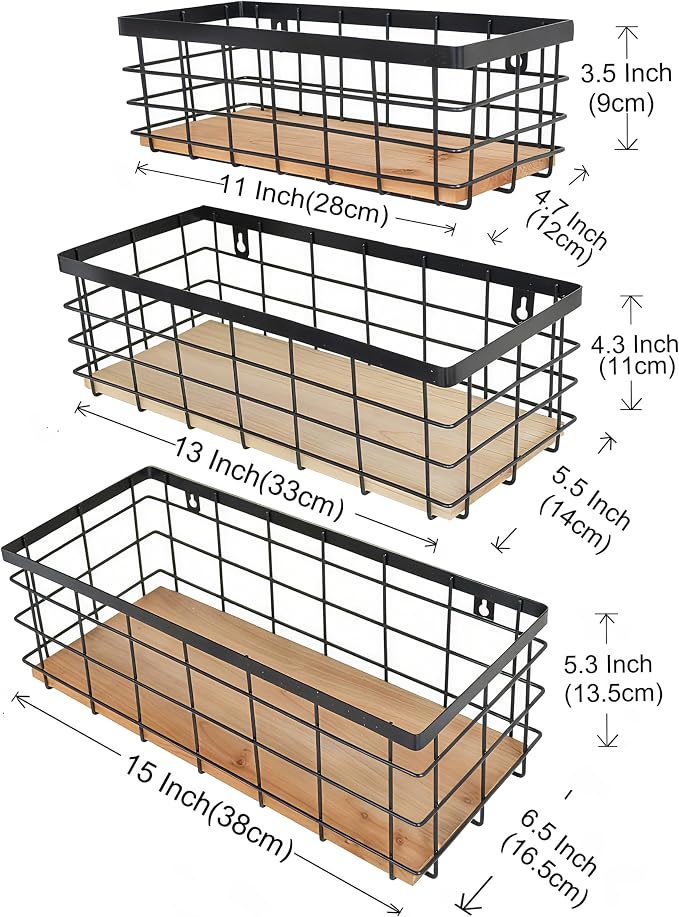 ShabbyDecor Metal Wire Basket for Kitchen Cabinets,Pantry,Bathroom,Set of 3 | Metal Storage Organizer with detachable Wood Base, Farmhouse Hanging Basket