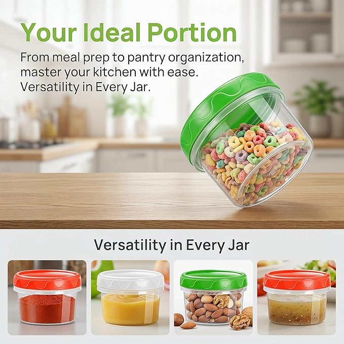 EONJOE 4oz Airtight Plastic Food Storage Containers with Lids, 6pcs | Dishwasher safe ,BPA free,Reusable,Round jars ,Perfect for salad dressing sauce lunch to go