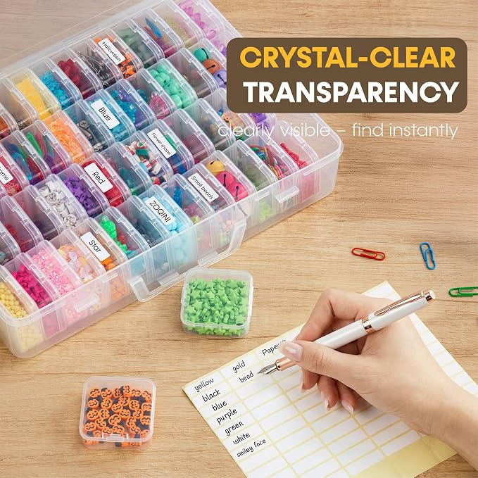 Portable Bead Organizer, 120Pcs Small Clear Storage Boxes with Hinged Lid and Large Craft Case with Handle, Mini Plastic Containers for Jewelry Making Diamonds Arts Screws Seeds Small Parts