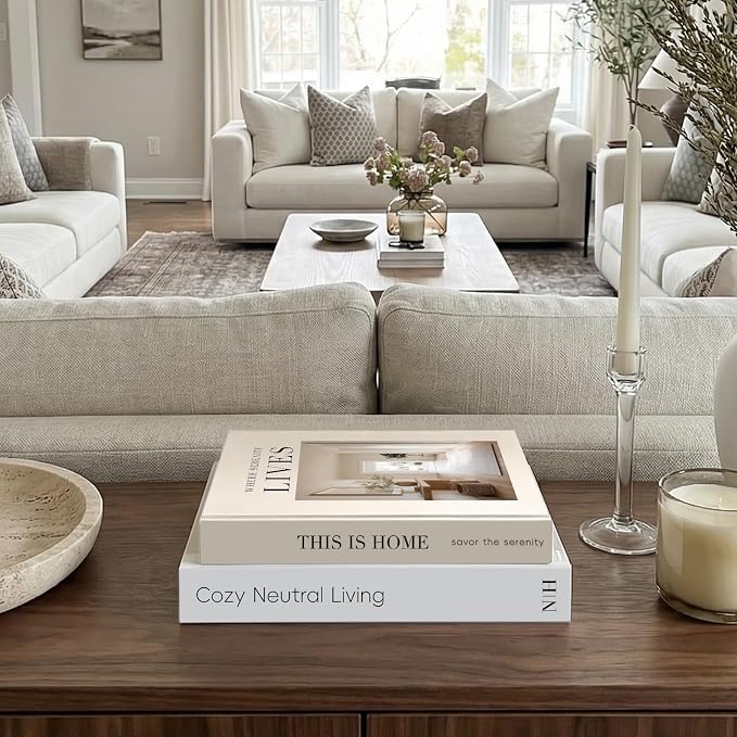 Decorative Books for Neutral Home, Fake Books Storage Boxes for Decoration | Set of 2 Coffee Table Books with Hidden Storage, Stackable Photo Keepsake Box for Living Room Bookshelf Decor, Beige
