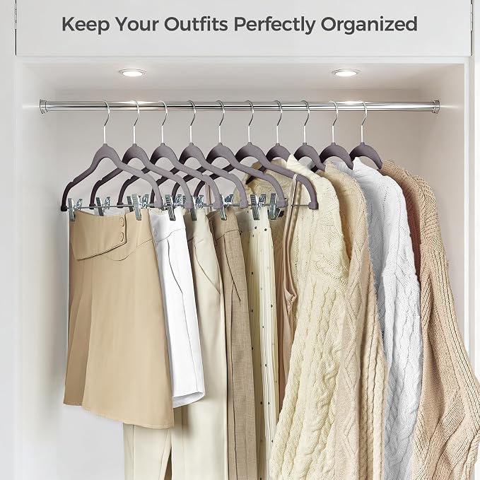 HOUSE DAY Velvet Hangers with Adjustable Clips 10 Pack, Non-Slip Suit Organizer with 360° Hook - Heavy Duty Hanger for Pants, Skirts, Blouses, Dresses - Outfit Hangers All-Season Space Saver (Grey)