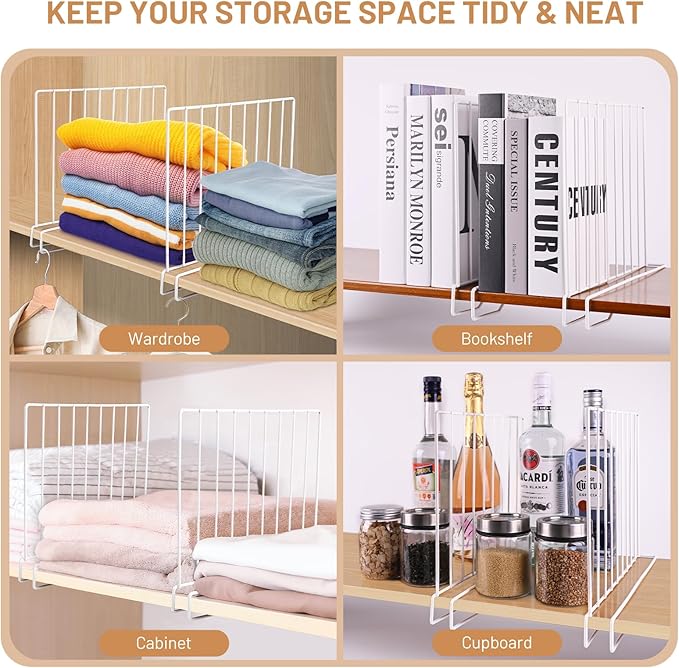 8-Pack 9“ Tall Metal Shelf Dividers for Closet Organization, Wardrobe, Bookshelf, Cabinet, Cupboard - Closet Shelf Dividers - Easy to Install - No Tool - White PE Coating Steel